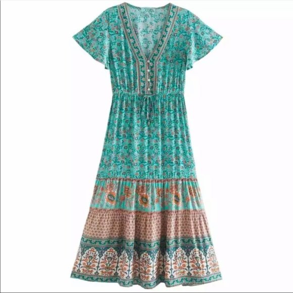 Boho Floral Gypsy Stripe Print Maxi Dress blue - Picture 5 of 16